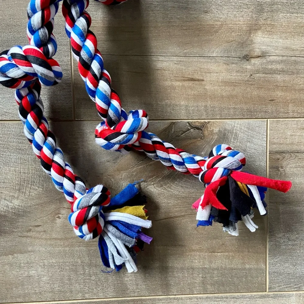 Big 5 Knot Rope Dog Toy with Handle Gip in Red, White, Blue, Black and Gray